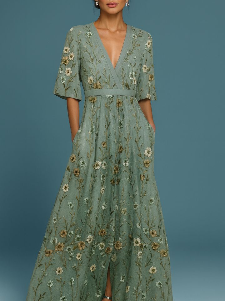 Hazel - Elegant V-Neck Belted Boho Dress