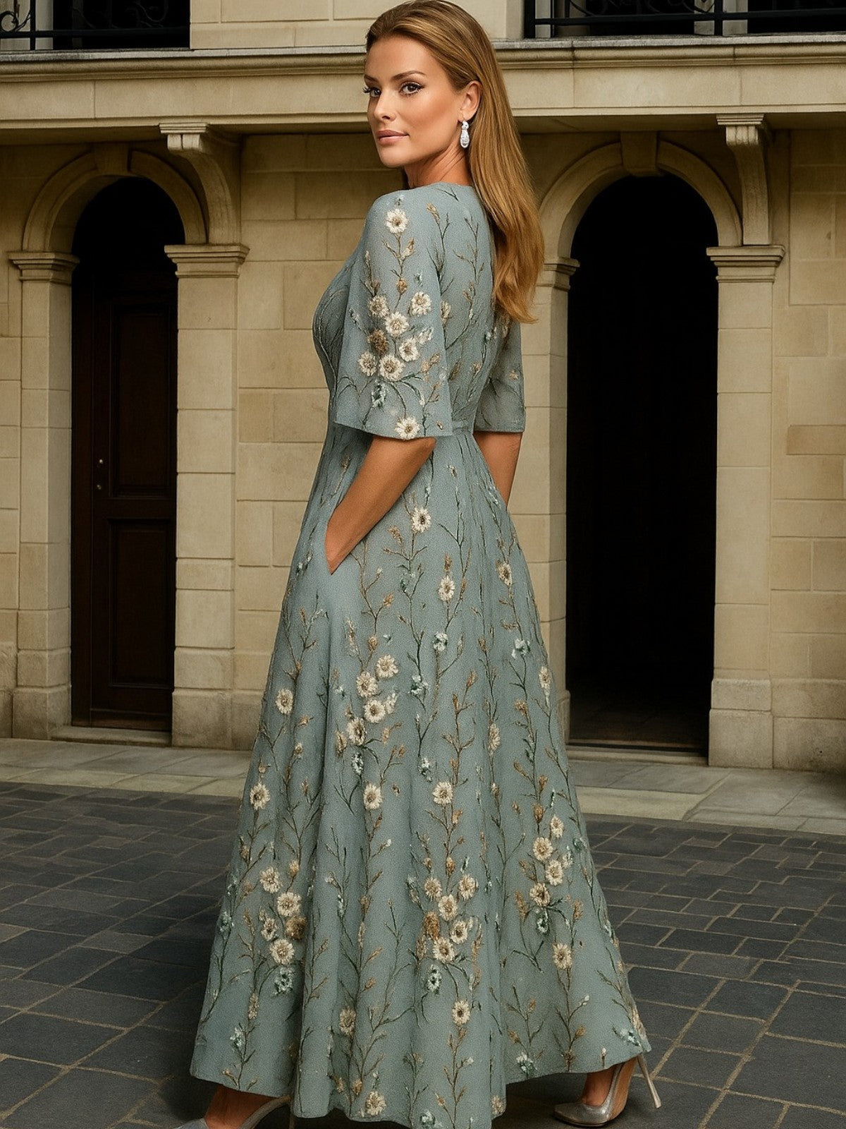 Hazel - Elegant V-Neck Belted Boho Dress