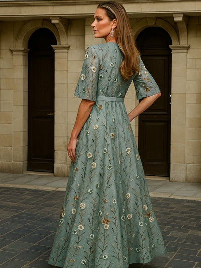 Hazel - Elegant V-Neck Belted Boho Dress